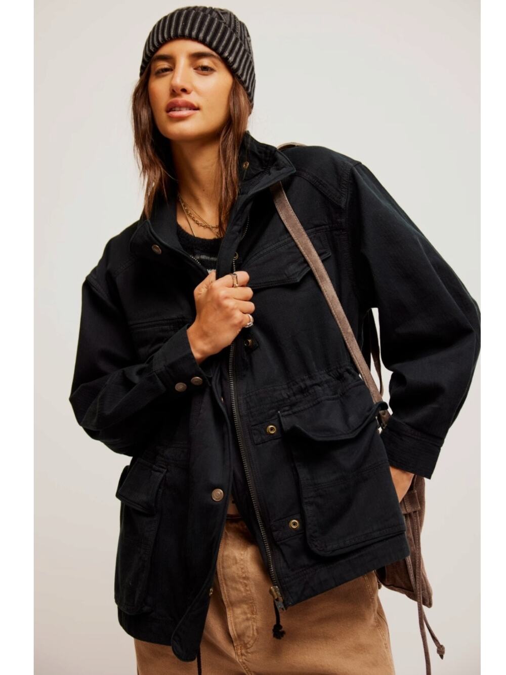 Free People Arya Cargo Utility Jacket in Black Oversized Large Grunge 90s